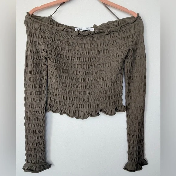 Zara Olive Green Smocked Crop Top – Long Sleeve – Size M - Picture 1 of 17